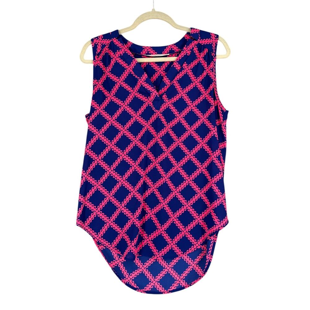 41 Hawthorn Navy Pink‎ Sleeveless V Neck Geometric High Low Hem Blouse Small